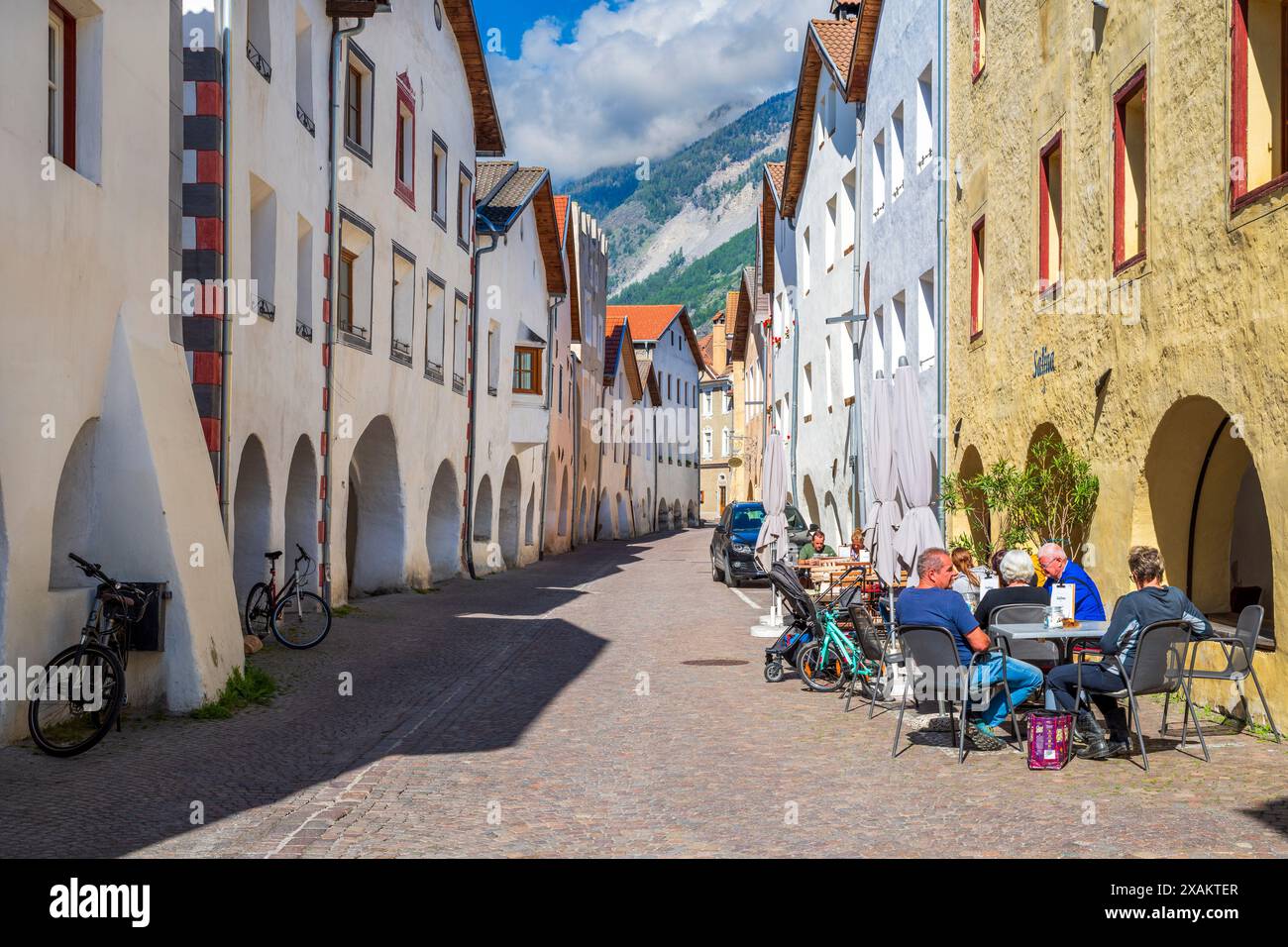 Laubengasse-Via dei Portici street, Glurns-Glorenza, Alto Adige-South Tyrol, Italy Stock Photo