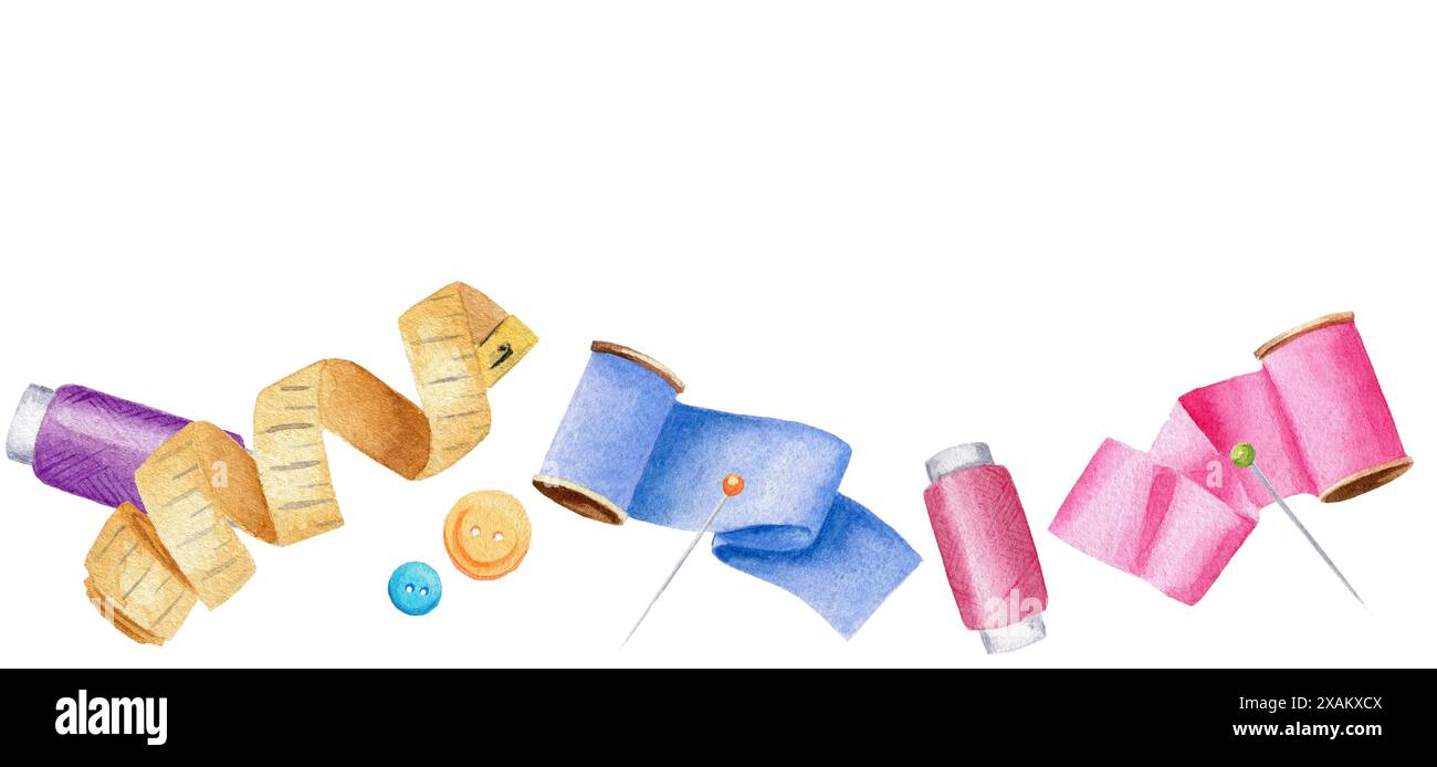 Seamless sewing border with ribbon, button, pin, measuring tape ...