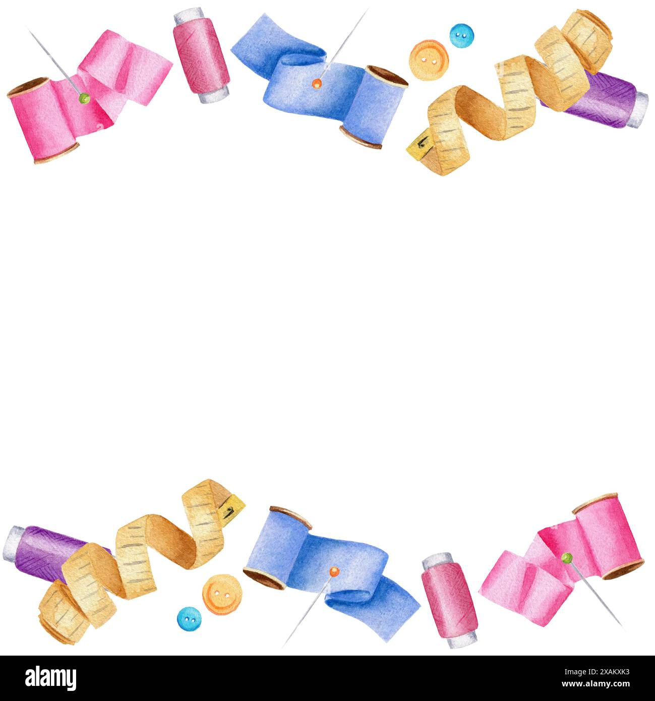 Seamless sewing border with ribbon, button, pin, measuring tape