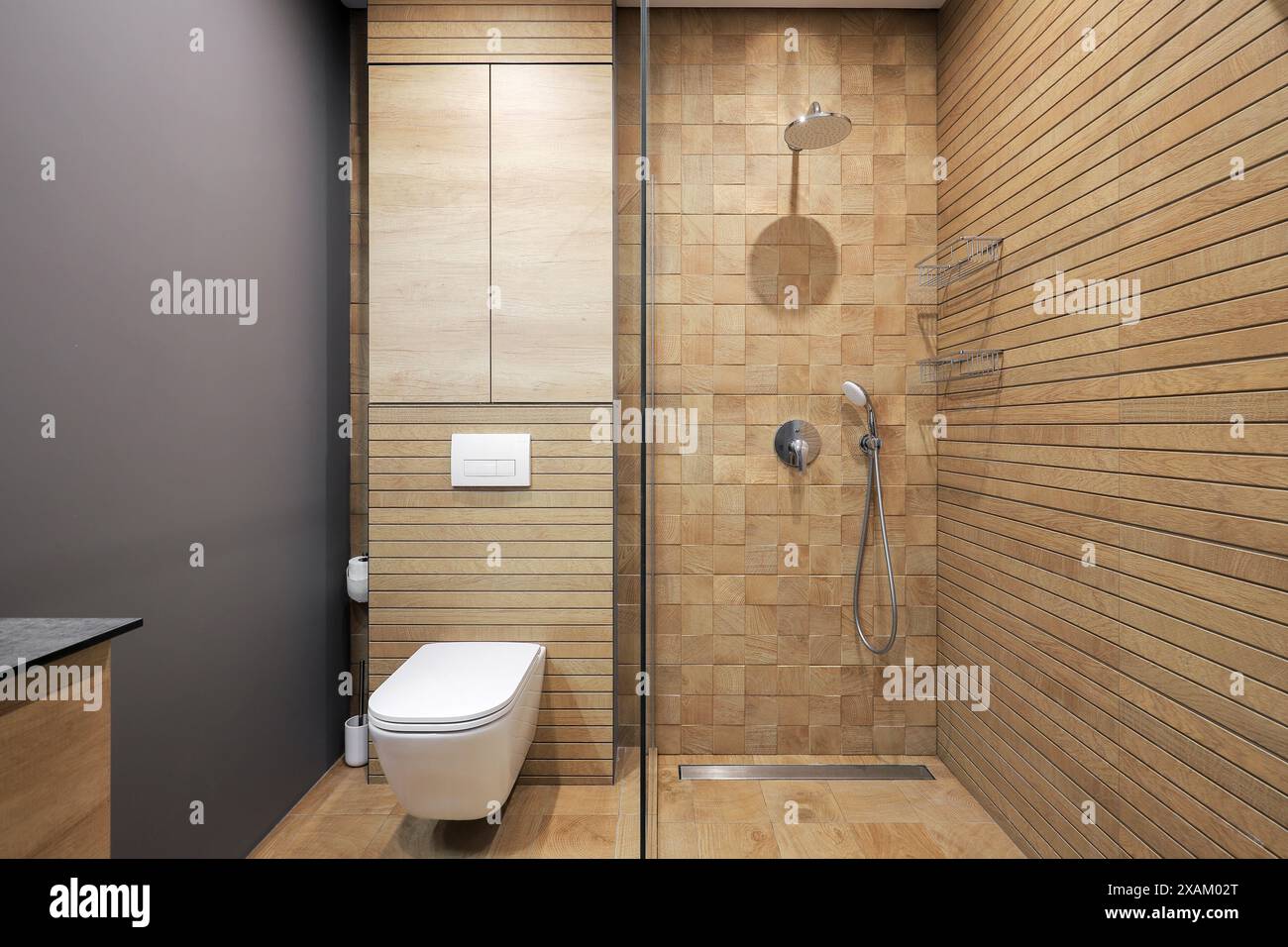 Modern bathroom interior with shower cabin and white toilet bowl Stock ...