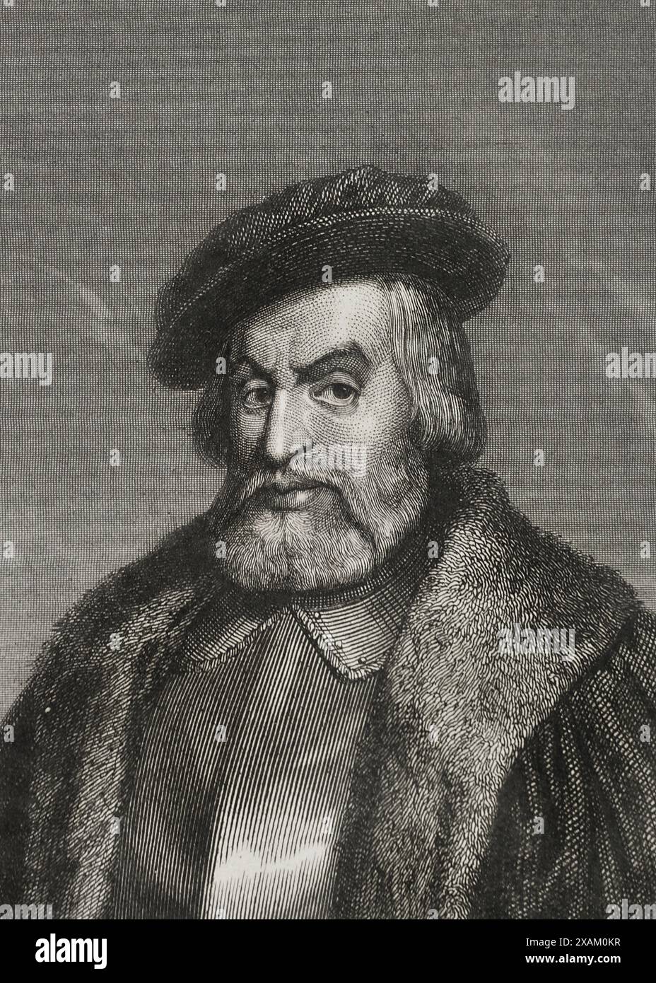 Hernan Cortes (1488-1547). Spanish conquistador of the Aztec empire. Portrait. Engraving by Geoffroy. 'Historia Universal', by Cesar Cantu. Volume IV, 1856. Stock Photo