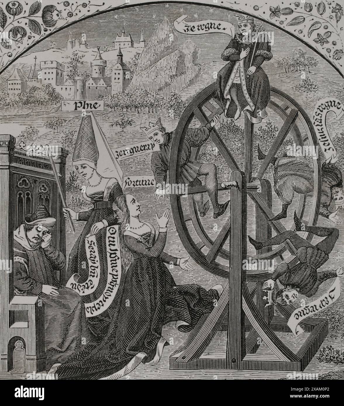 Wheel of Fortune. Engraving by Maradan after a miniature of Boethius 'Consolatio Philosophiae', published in the 16th century. Sciences & Lettres au Moyen Age et a l'epoque de la Renaissance. Paris, 1877. Stock Photo