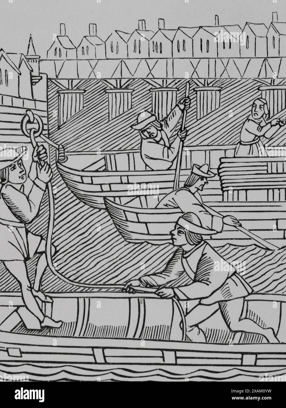 History of France. Toll under the bridges of Paris. Engraving after 'Ordonnances de la Prevoste des Marchands de Paris', 1500. 'Moeurs, usages et costumes au moyen-age et a l'epoque de la Renaissance', by Paul Lacroix. Paris, 1878. Stock Photo