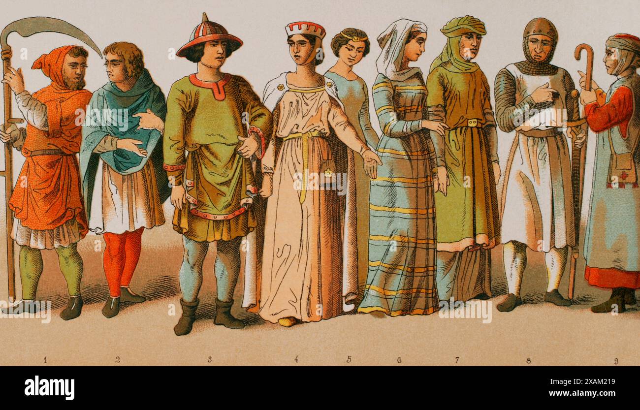 History of France, 1100. From left to right, 1-2: ploughmen, 3: nobleman, 4-5-6-7: noble ladies, 8: warrior, 9: pilgrim. Chromolithography. 'Historia Universal', by Cesar Canto. Volume V, 1884. Stock Photo