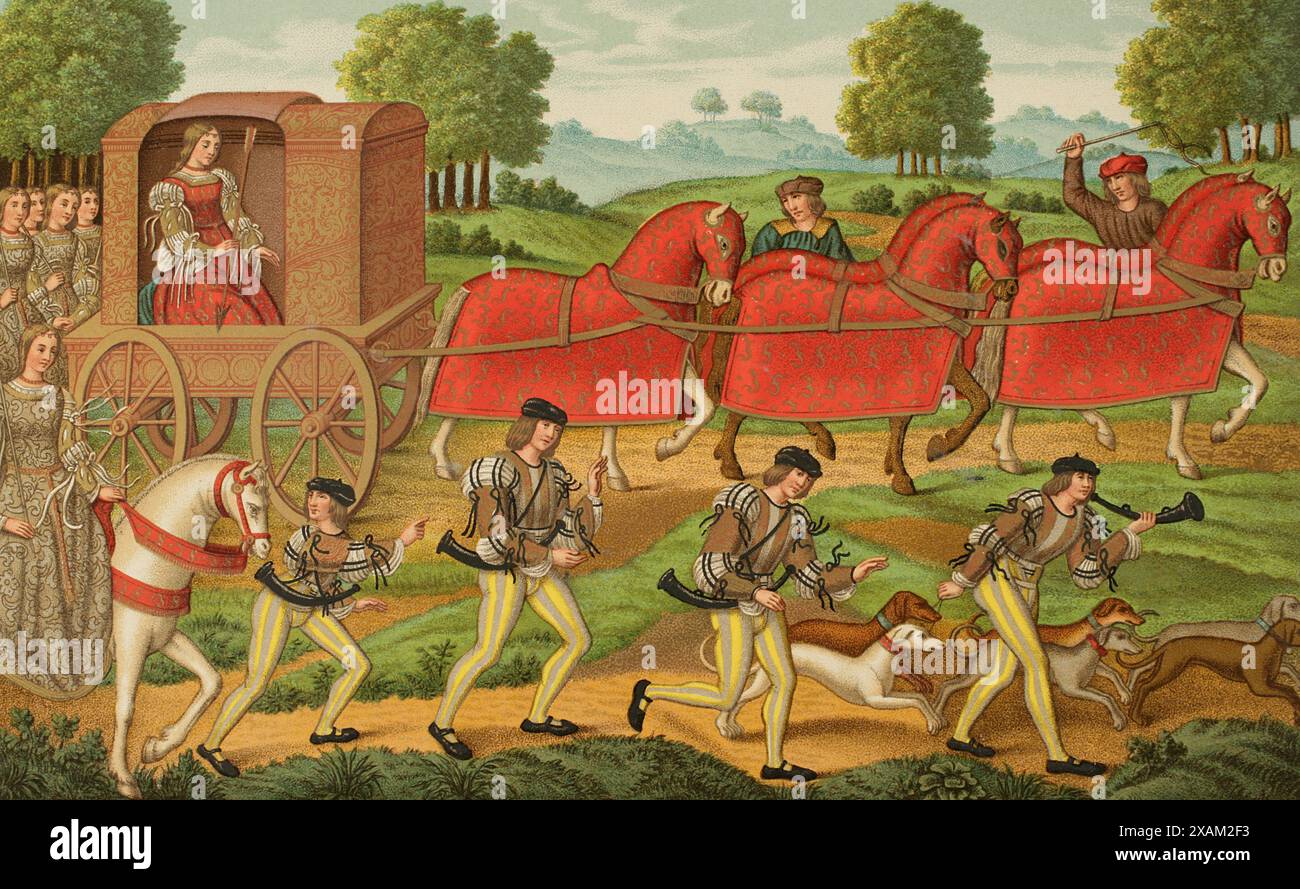 Hunting Renaissance Scene Ladies hunting, 15th century. Chromolithography based on a miniature ...