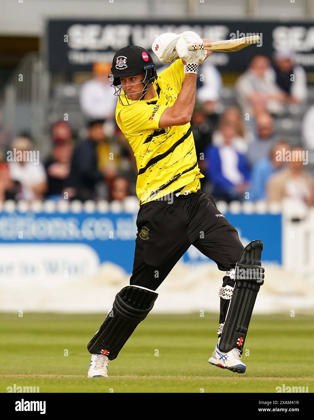 Bristol, UK, 7 June 2024. Gloucestershire's Beau Webster batting during the T20 Vitality Blast match between Gloucestershire and Hampshire Hawks. Credit: Robbie Stephenson/Gloucestershire Cricket/Alamy Live News Stock Photo