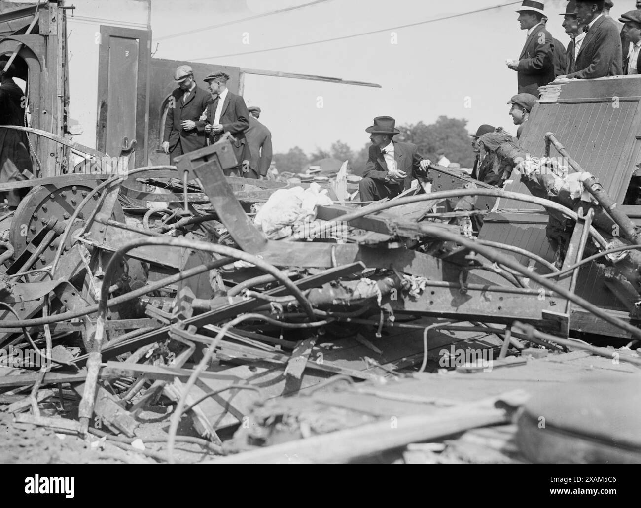 Wreck of car &quot;Chancellor&quot;, North Haven, 1913. Shows people looking at wrecked railroad cars after a railroad accident in which the White Mountain Express crashed through two cars of the Bar Harbor Express, north of New Haven, Connecticut on Sept. 2, 1913. Stock Photo