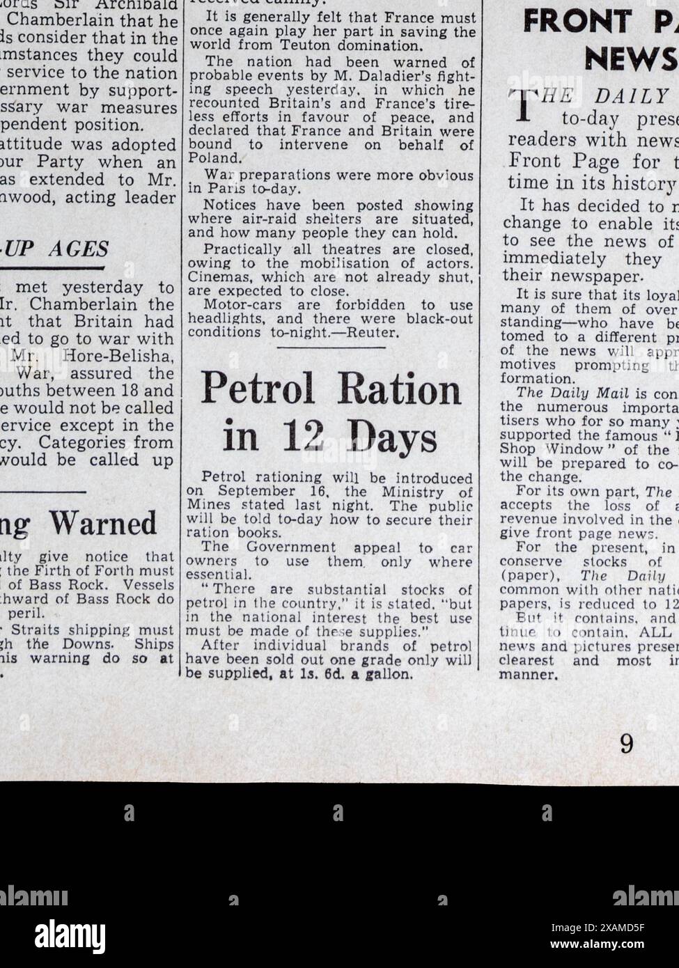 'Petrol Ration in 12 Days' headline on the front page of the Daily Mail (replica) 4th September 1939, on the outbreak of World War Two. Stock Photo
