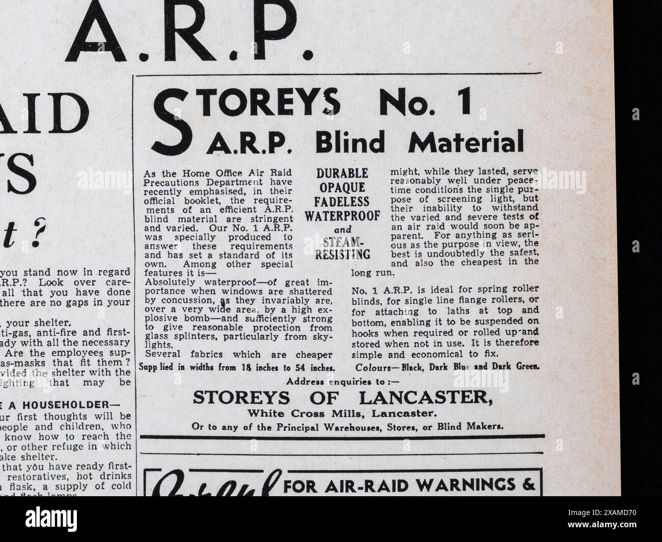 Advert  for Storeys No 1 ARP Blind Material in the Daily Mail (replica) 4th September 1939, on the outbreak of World War Two. Stock Photo