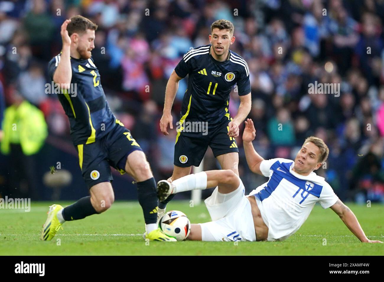 Scotland's Anthony Ralston (left) is challenge by Finland's Niilo Maenpaa during an international friendly at Hampden Park, Glasgow. Picture date: Friday June 7, 2024. Stock Photo