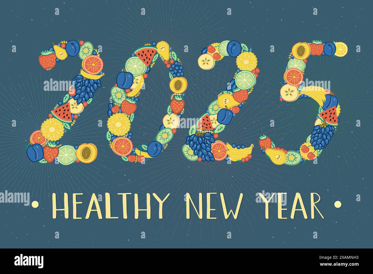 New Year Greeting card. The numbers in the year 2025 are lined with bright colorful fruits and