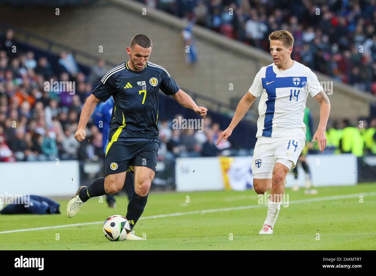 Glasgow, UK. 07th June, 2024. Scotland play Finland in a UEFA International friendly football match at Hampden Park, football stadium, Glasgow, Scotland, UK. This will be the last international game Scotland play before playing against Germany in the opening game of the Euro 2024 cup. Credit: Findlay/Alamy Live News Stock Photo