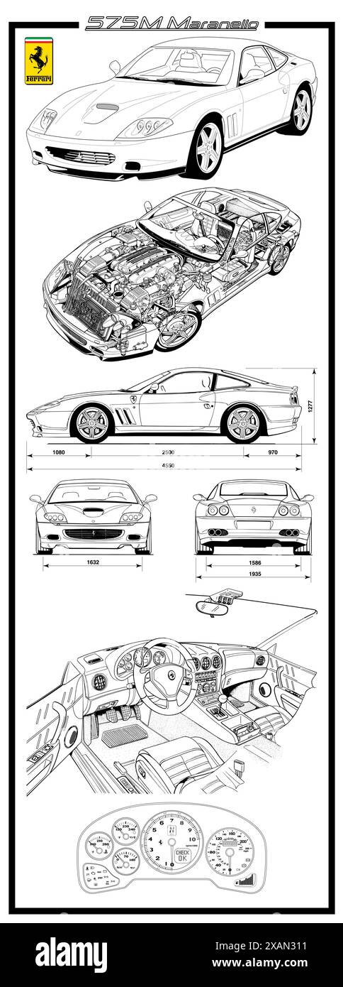Ferrari 575M Maranello 2003 car blueprint poster art Stock Vector