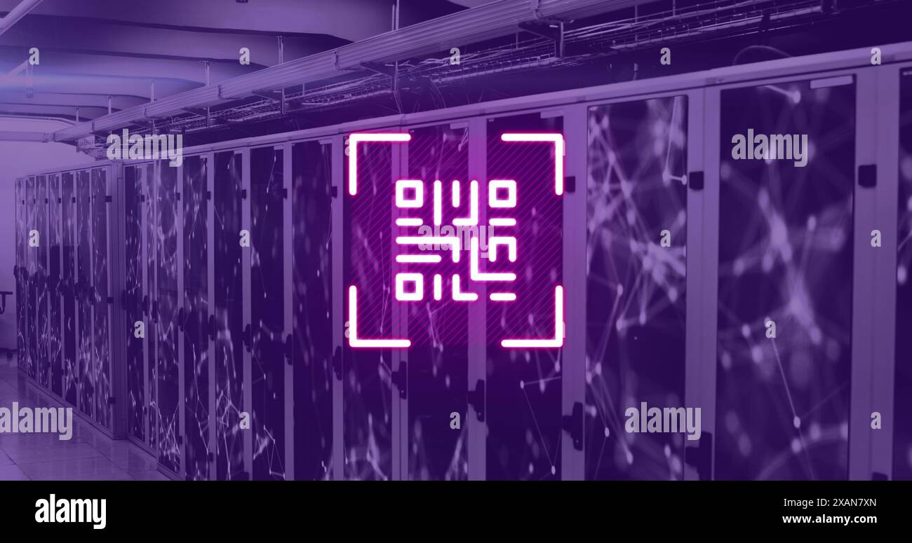 Image of neon qr code over server room in violet Stock Photo