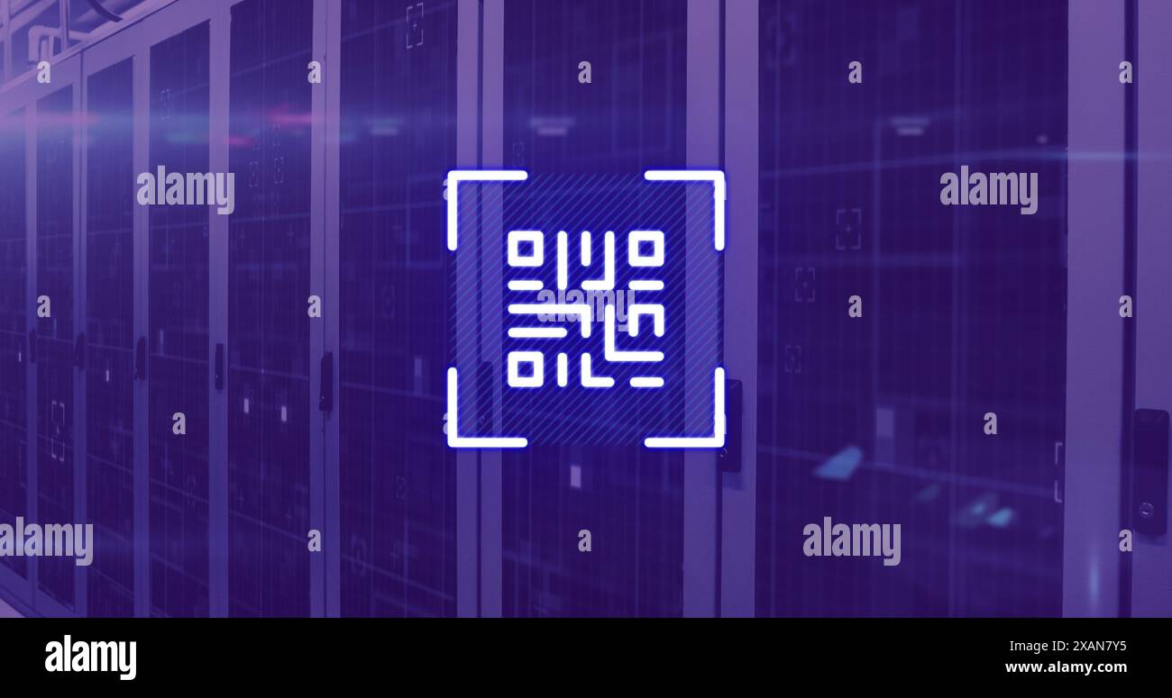 Image of neon qr code over server room in violet Stock Photo