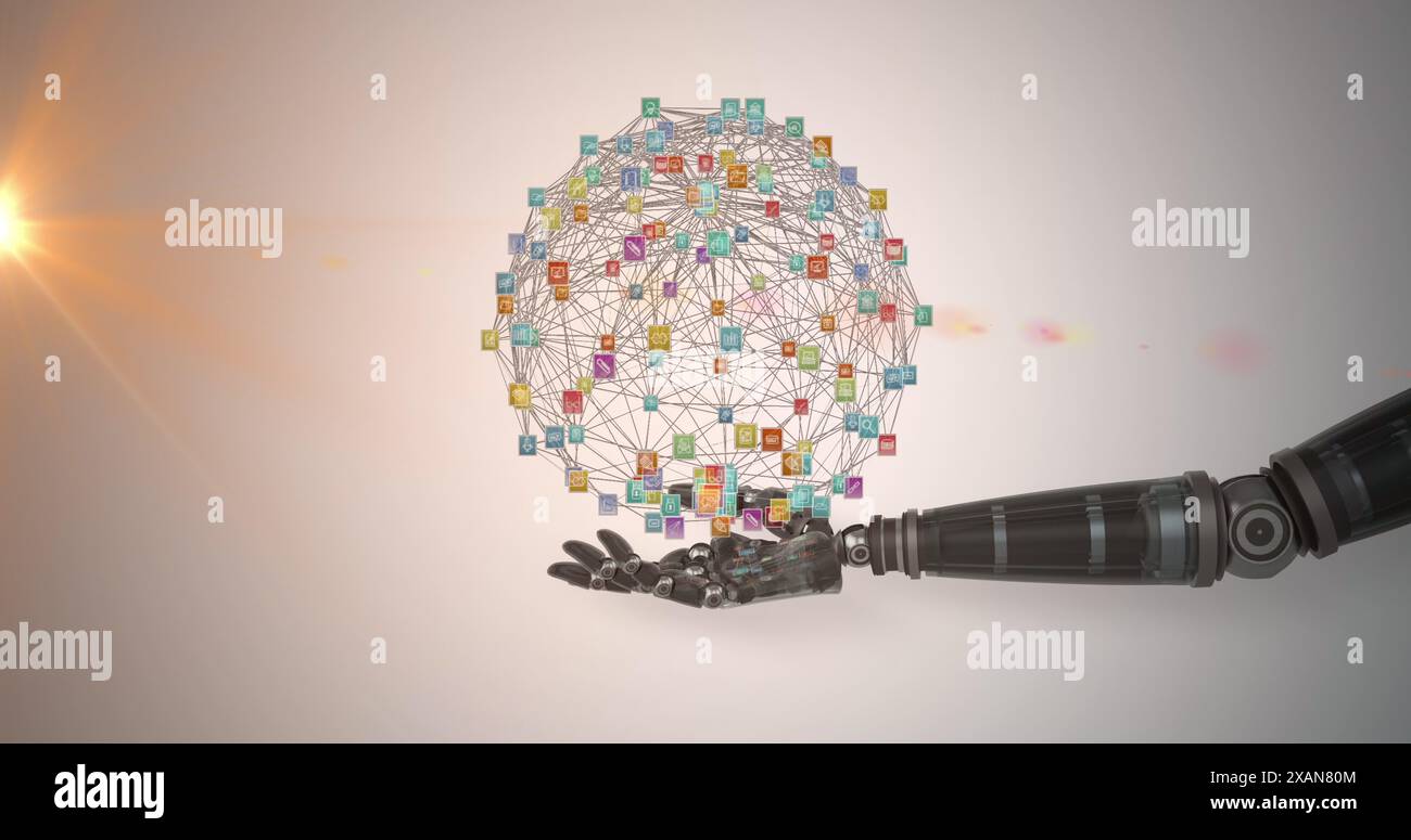 Image of media icons and robotic arm on white background Stock Photo
