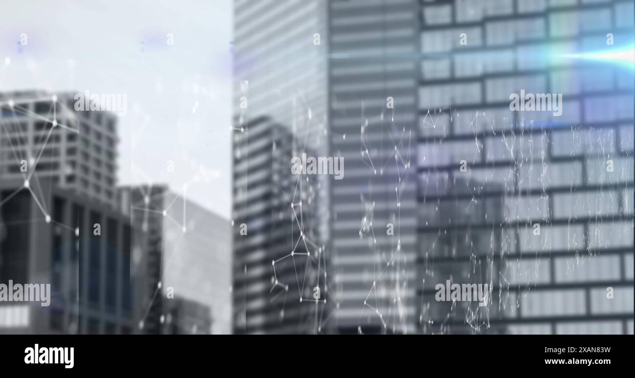 Image of shapes moving over cityscape, copy space Stock Photo
