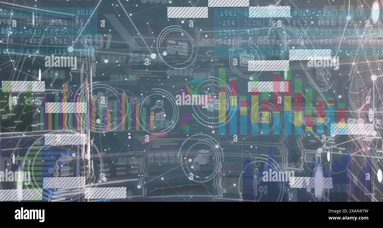 Image of changing numbers, network of connections against interface with data processing Stock Photo