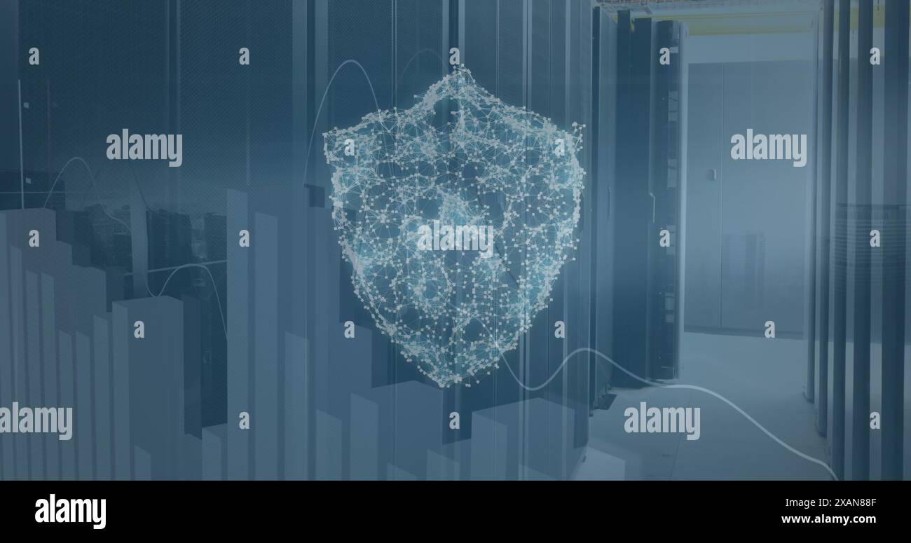 Image of connected dots forming shield and graphs over data server racks Stock Photo
