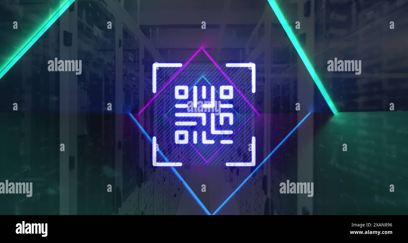 Image of qr code, neon lines, data processing over servers Stock Photo