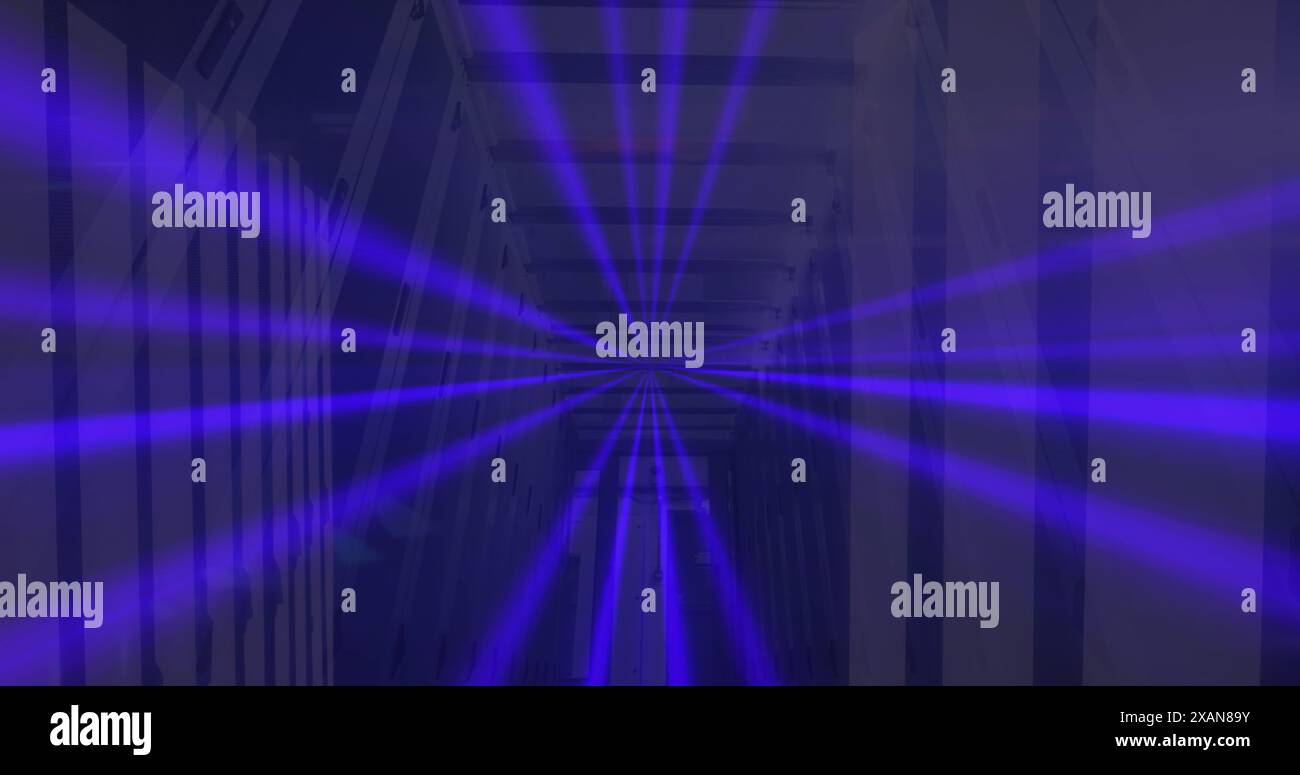 Image of neon lines, data processing over servers Stock Photo