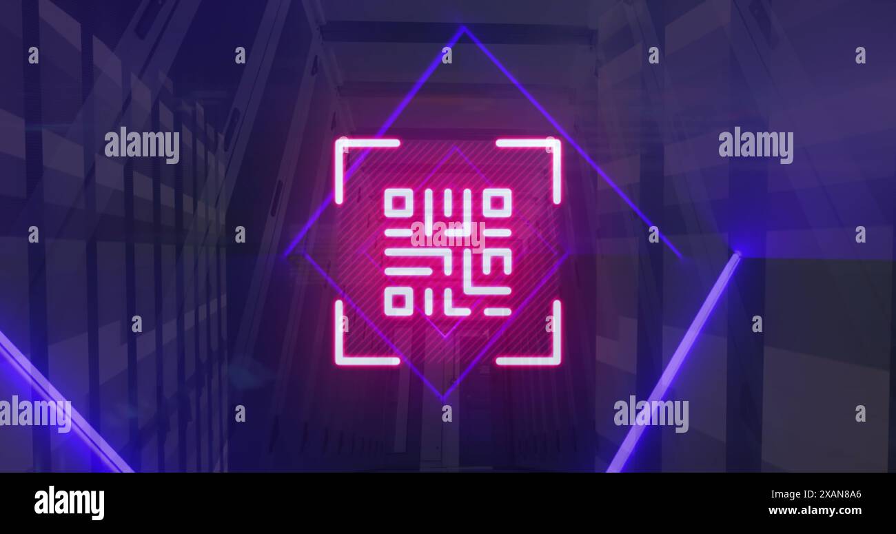 Image of qr code, neon lines, data processing over servers Stock Photo