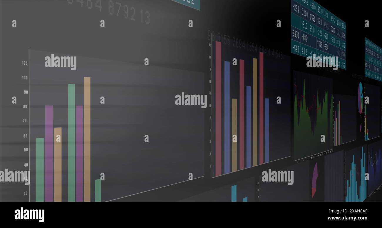Image of multiple screens with statistical data processing against grey background Stock Photo