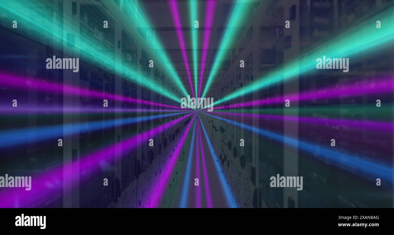 Image of neon lines, data processing over servers Stock Photo