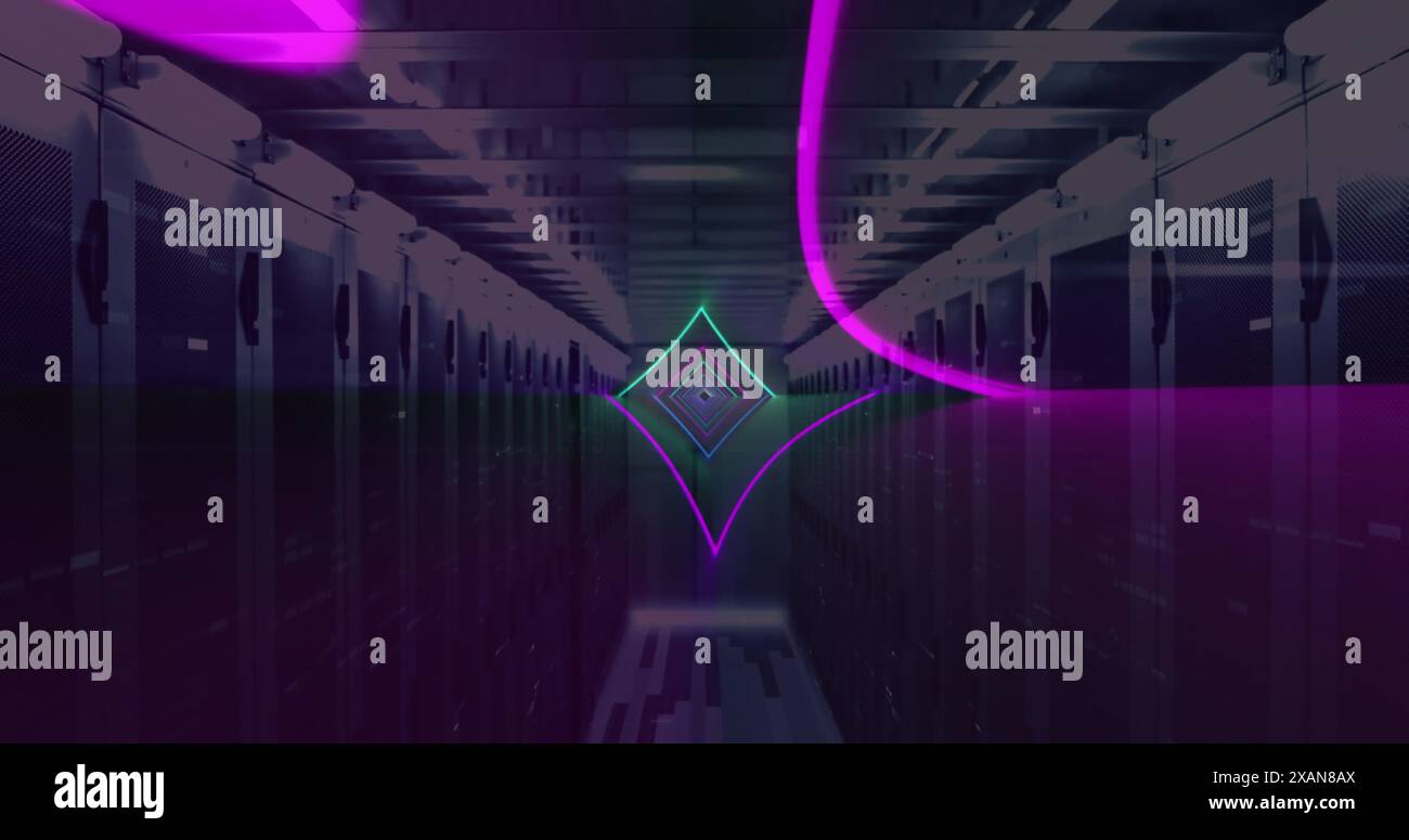 Image of neon lines, data processing over servers Stock Photo