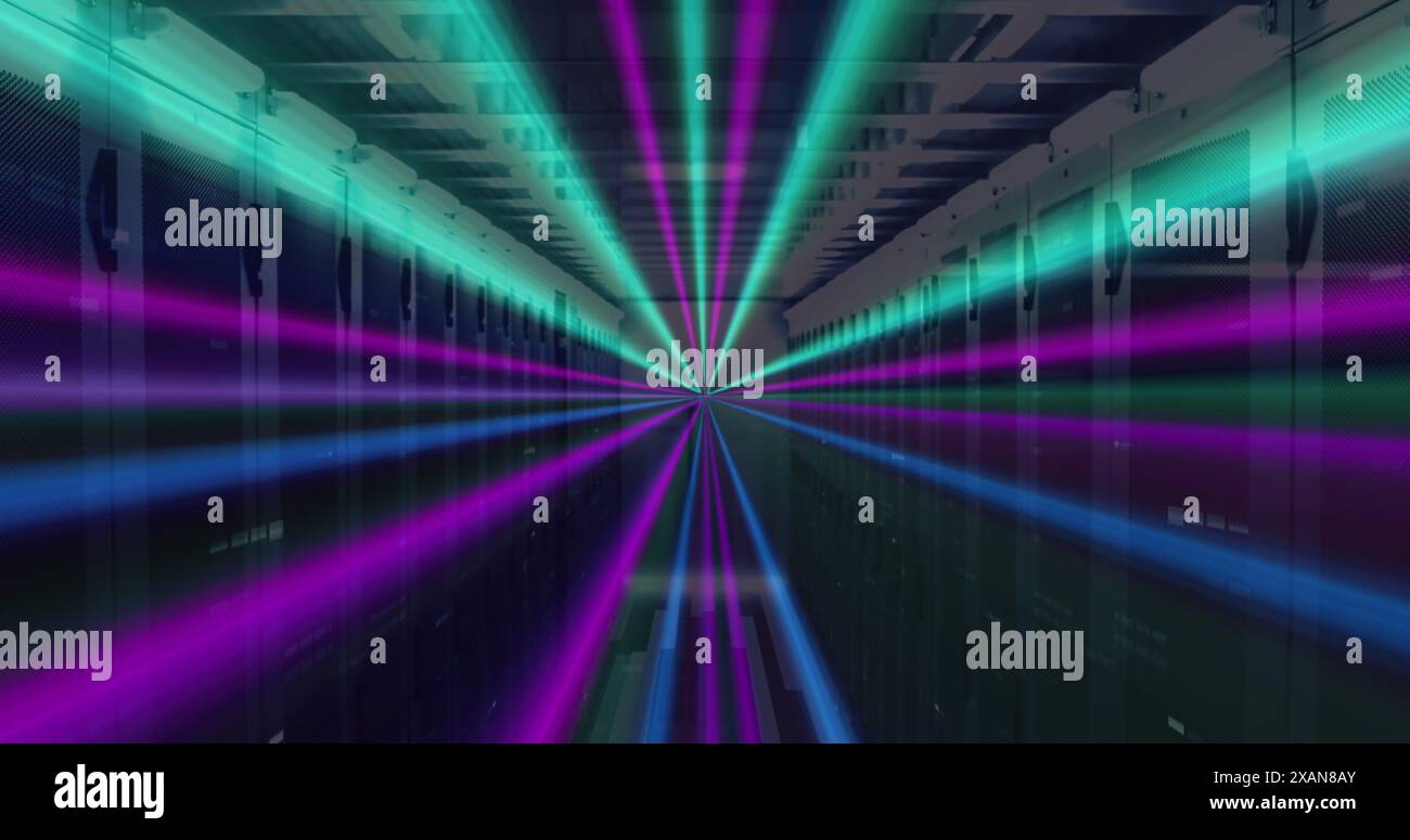 Image of neon lines, data processing over servers Stock Photo