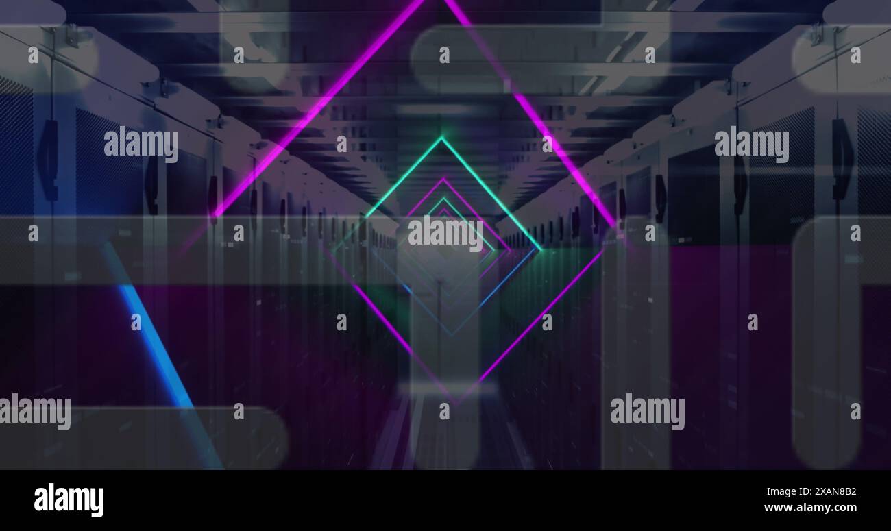 Image of neon lines, data processing over servers Stock Photo