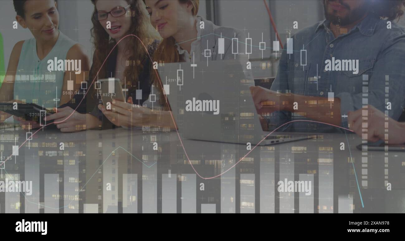 Image of statistical data processing over two diverse men discussing over a laptop at office Stock Photo