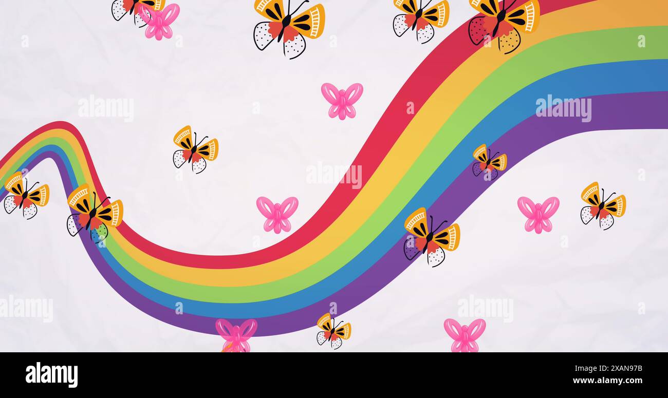 Image of butterflies flying over rainbow on white background Stock Photo