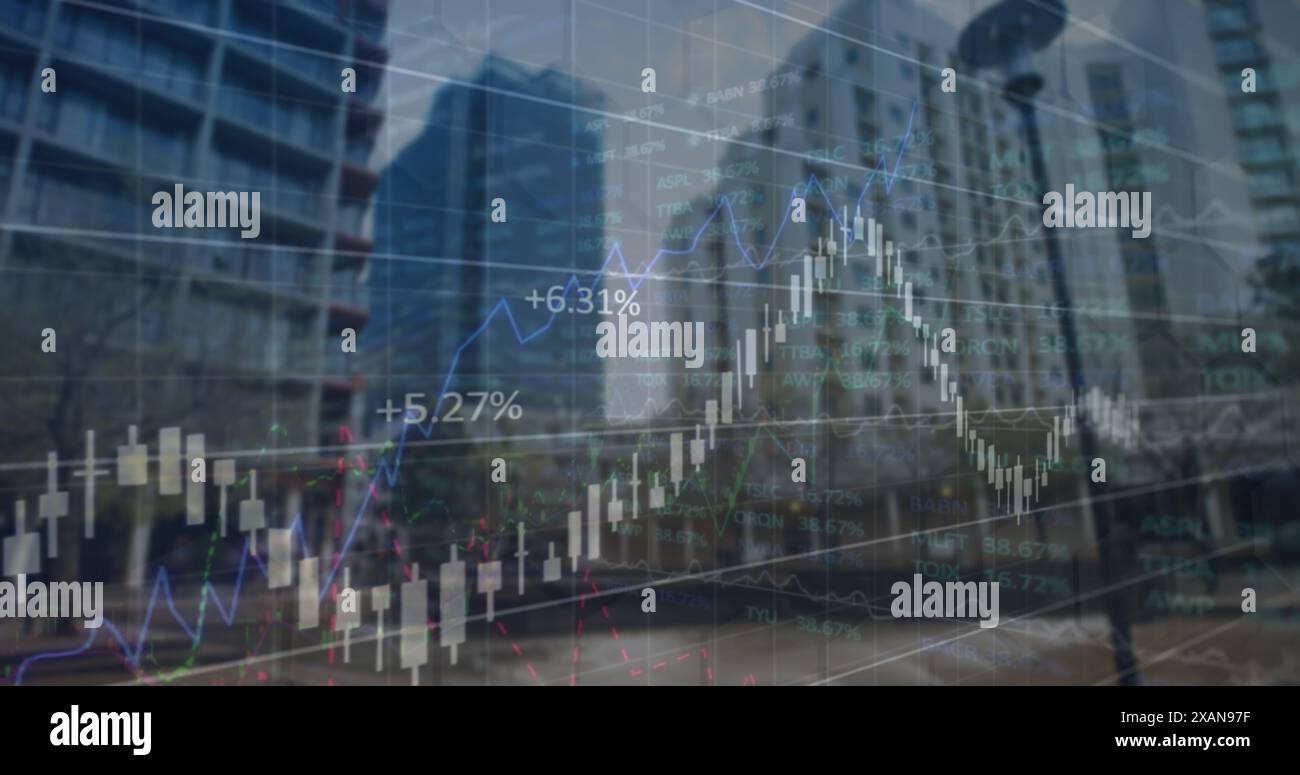 Image of financial and stock market data processing against tall buildings Stock Photo