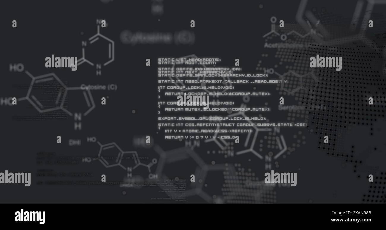 Image of molecule structures, computer language over dots on globe against abstract background Stock Photo