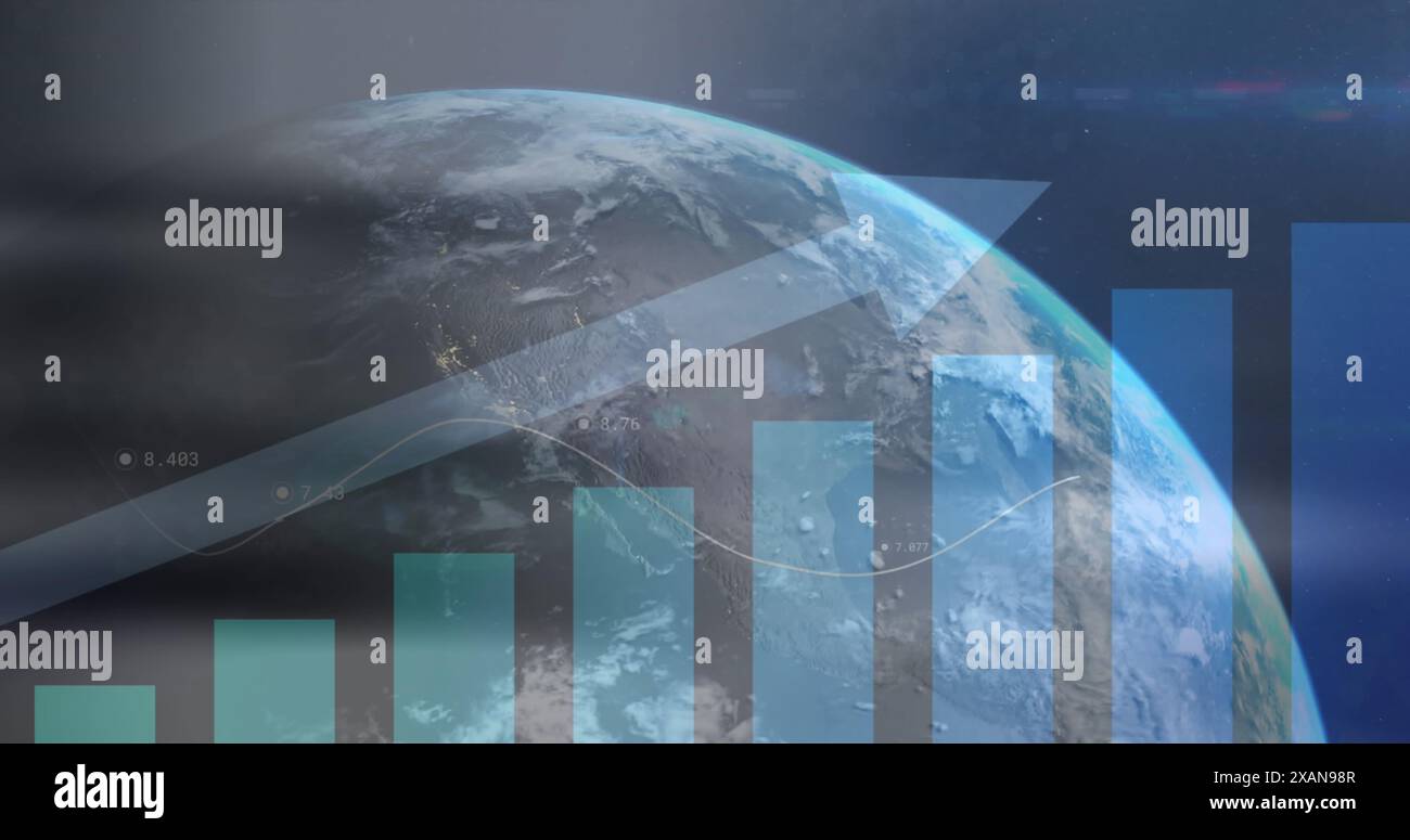 Image of financial data processing with arrow over globe Stock Photo