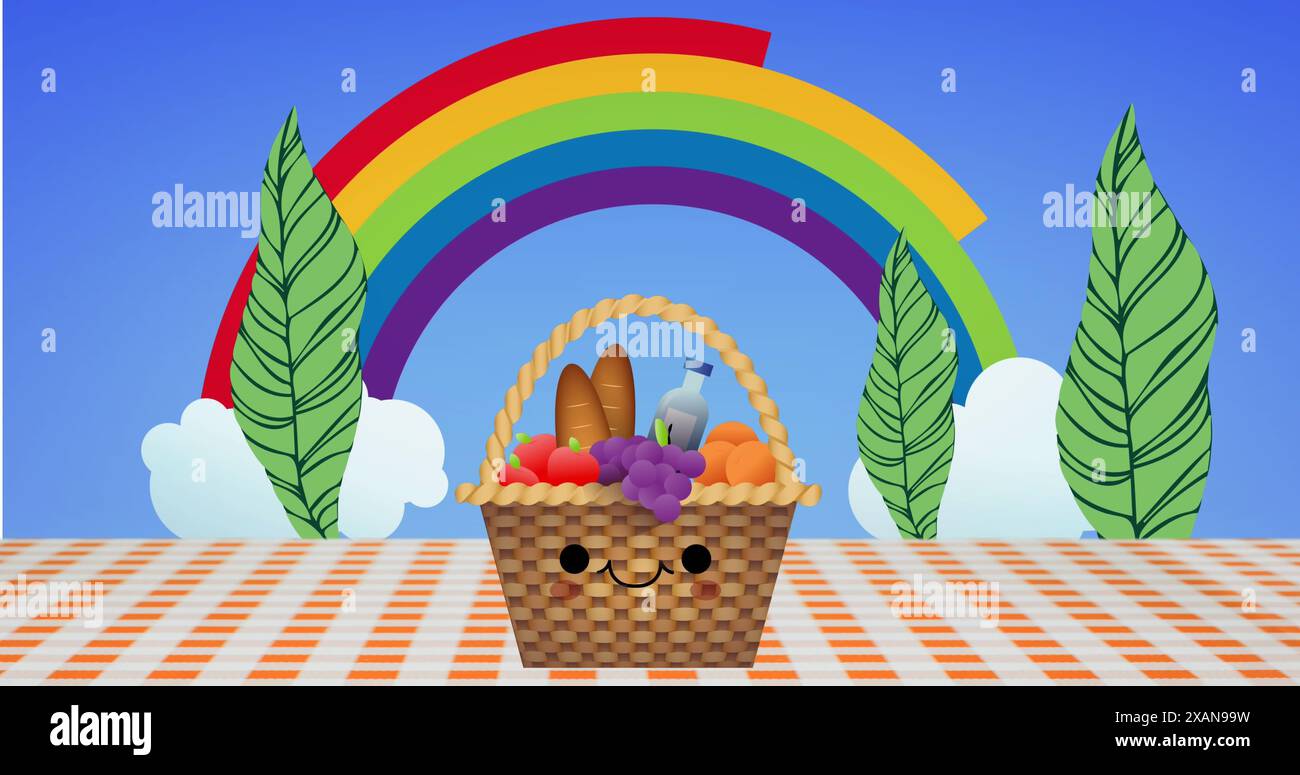 Image of picnic basket over rainbow on blue background Stock Photo