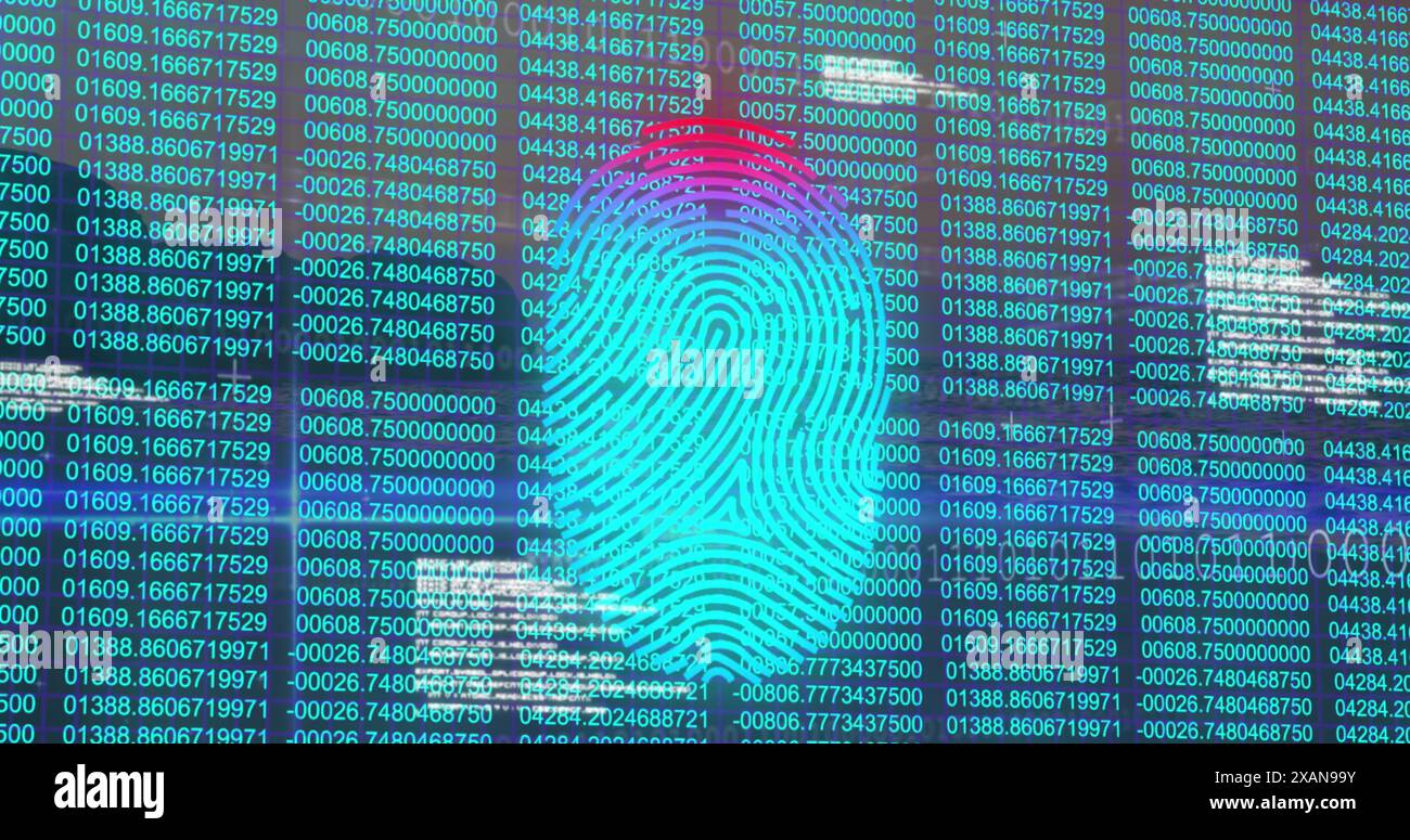 Image of biometric fingerprint scanner and data processing against blue background Stock Photo