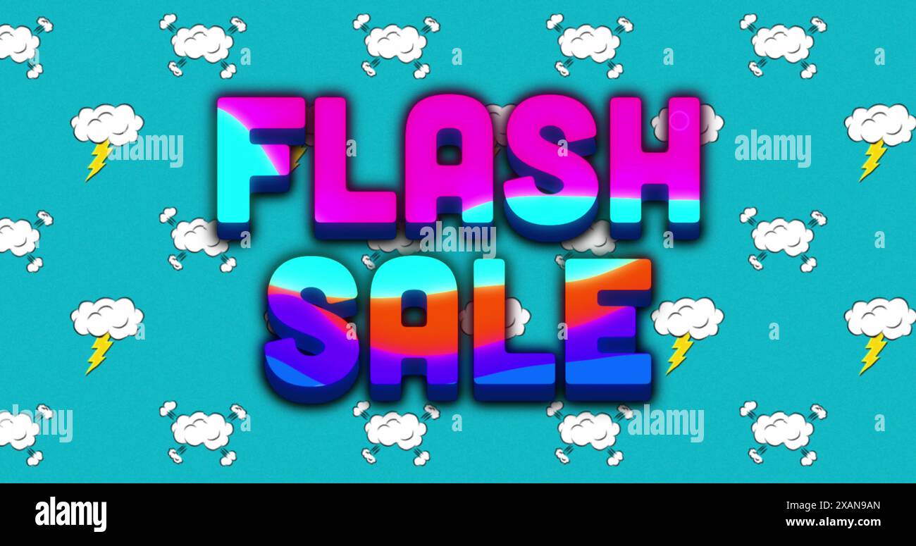 Image of flash sale text over multicolored circular pattern against clouds and lightning Stock Photo