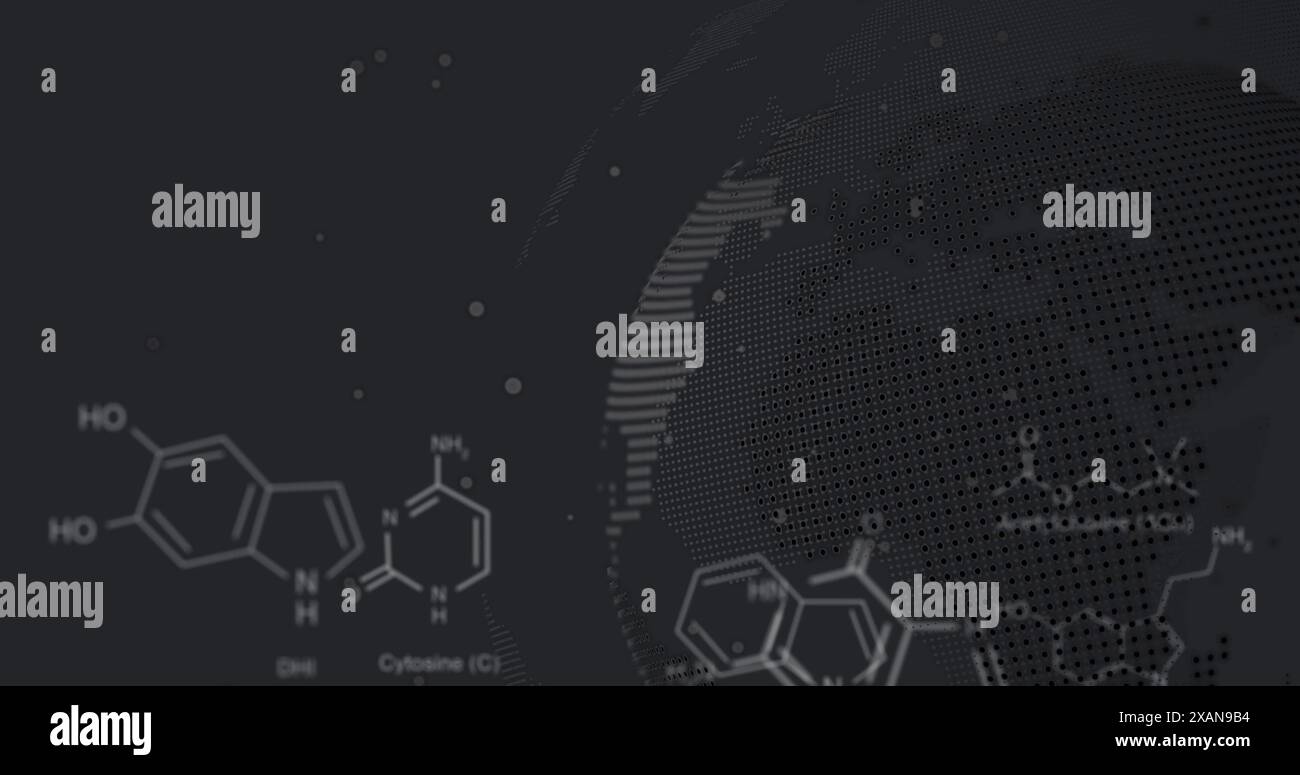 Image of molecule structures, computer language over dots on globe against abstract background Stock Photo