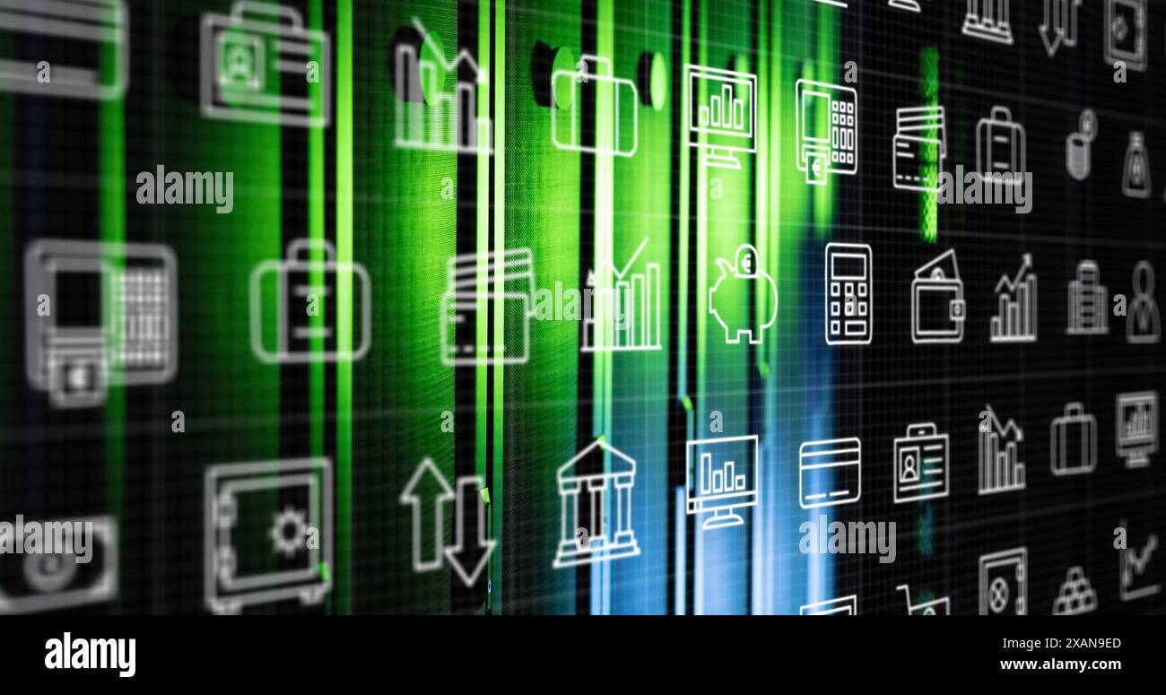 Image of digital icons and data processing over computer servers Stock Photo