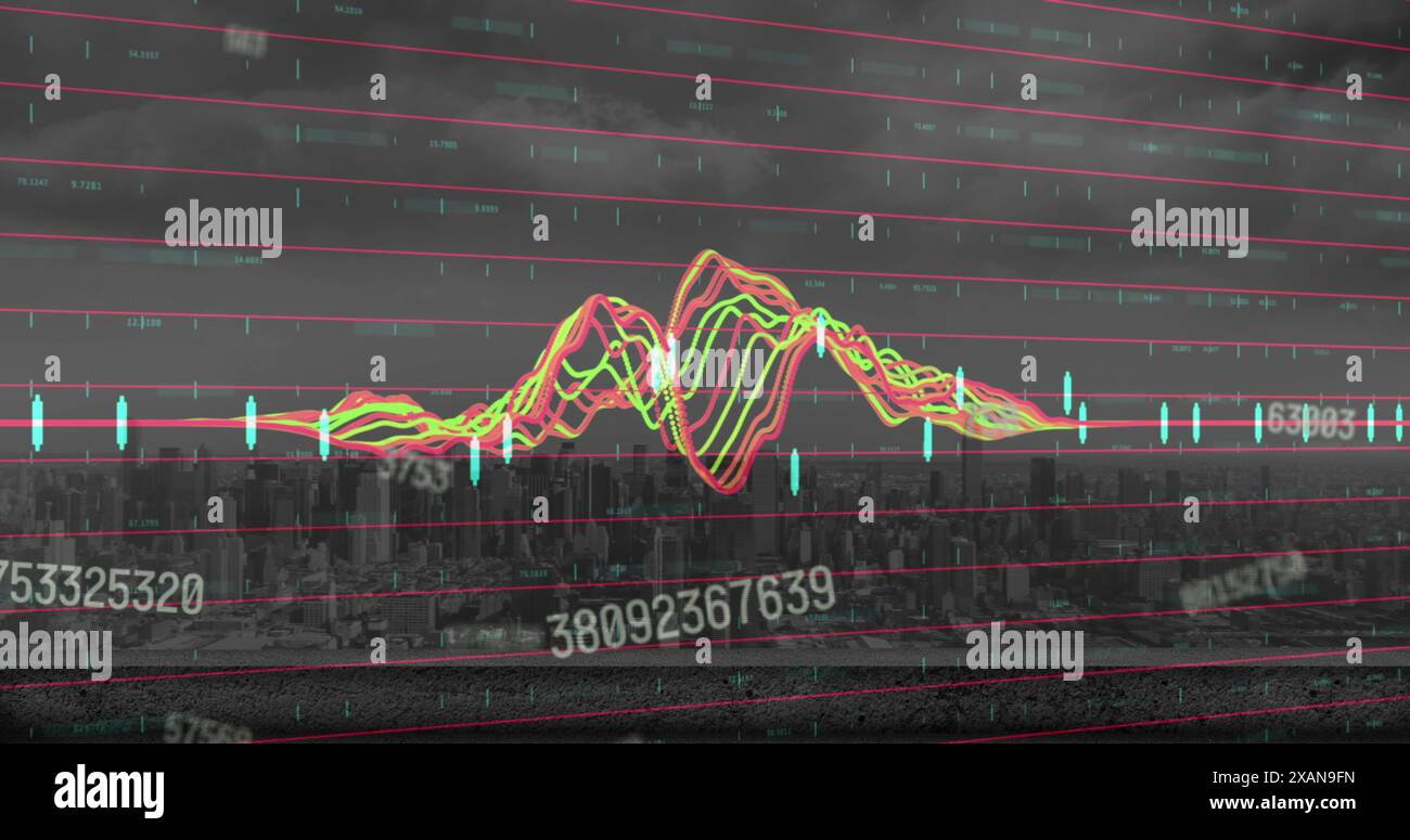 Image of changing numbers floating over data processing against aerial view of cityscape Stock Photo