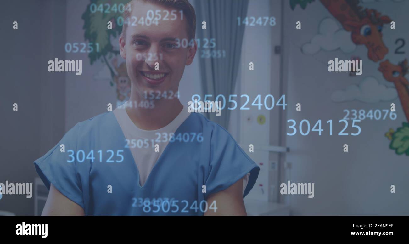 Image of numbers processing over smiling caucasian male doctor Stock Photo