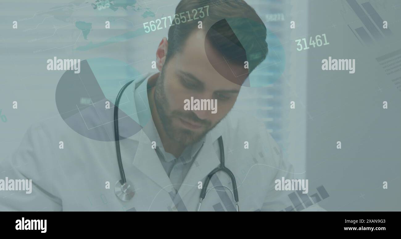 Image of statistics and data processing over caucasian male doctor making notes Stock Photo