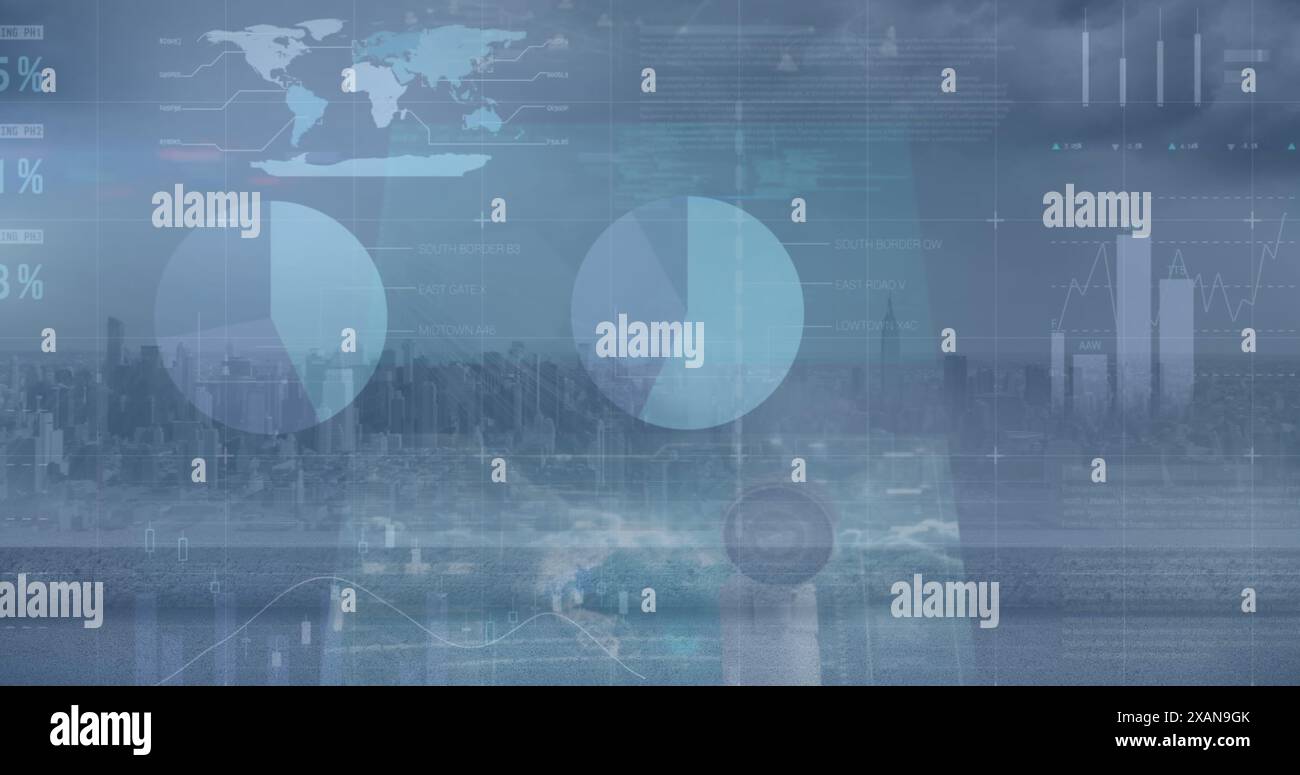 Image of multiple screens with data processing against aerial view of cityscape Stock Photo