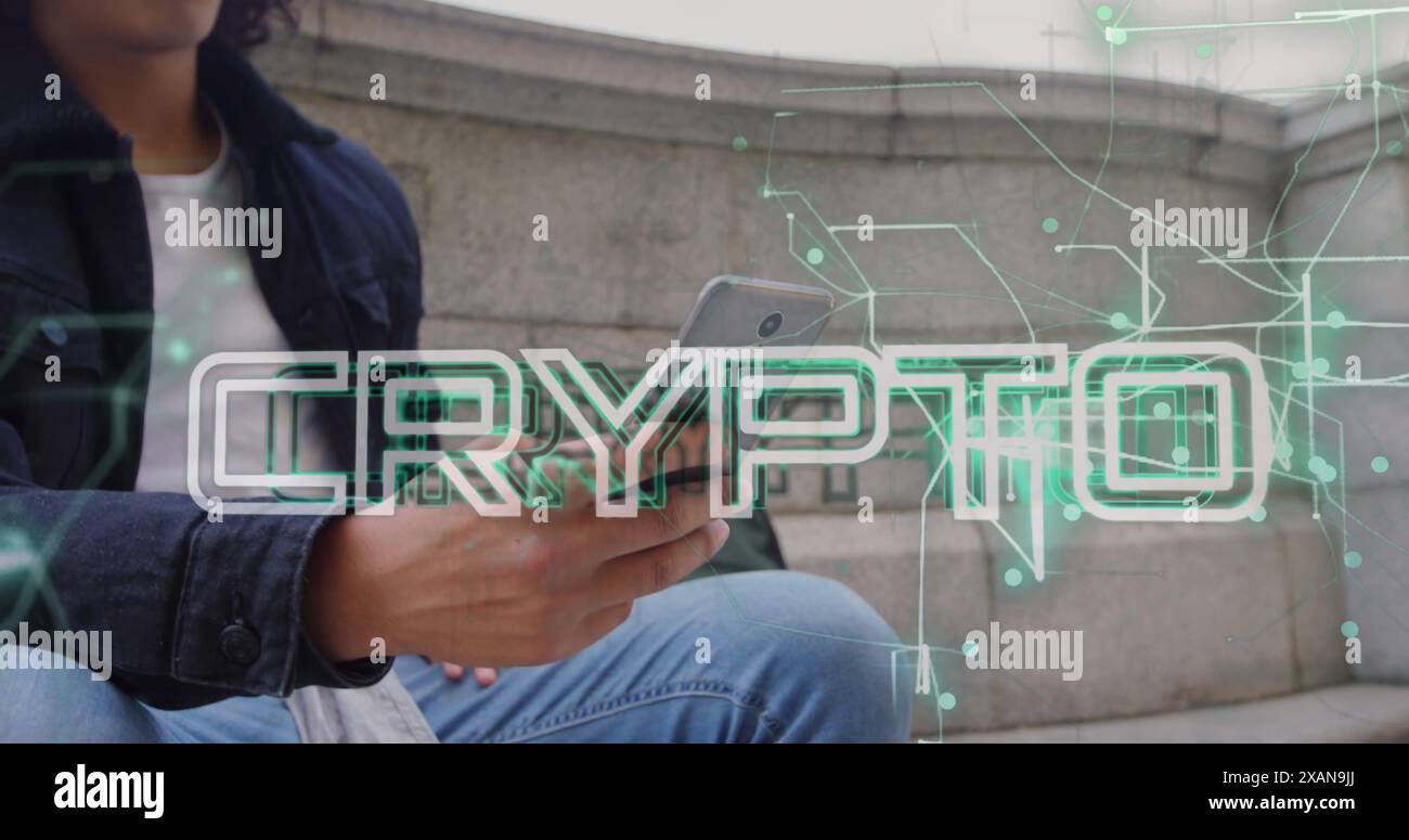 Image of crypto text and data processing over biracial man using smartphone Stock Photo