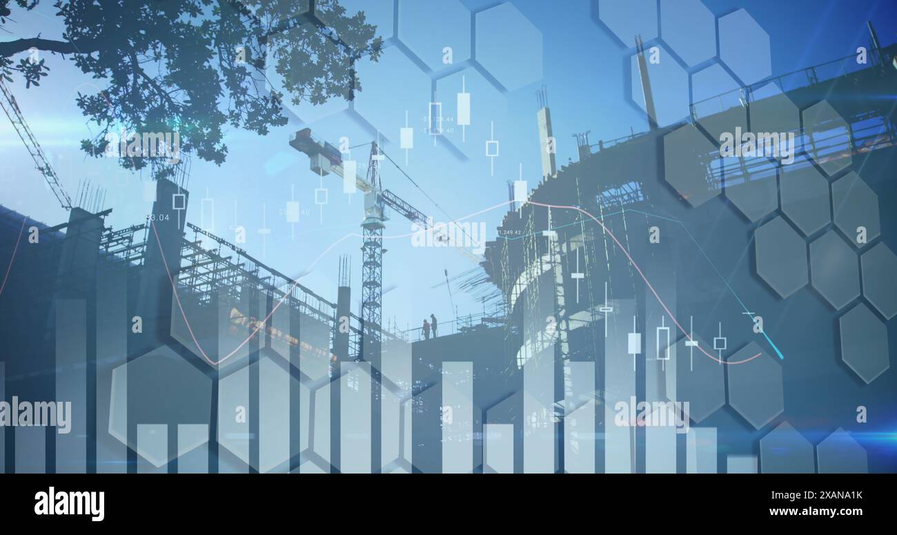 Image of financial data processing over cityscape Stock Photo