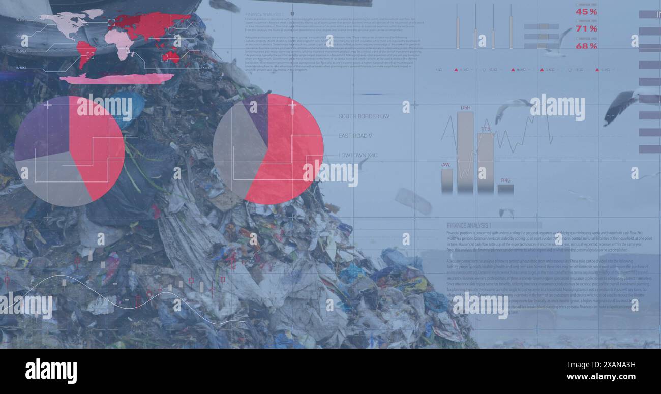 Image of financial data processing over landfill site, copy space Stock Photo