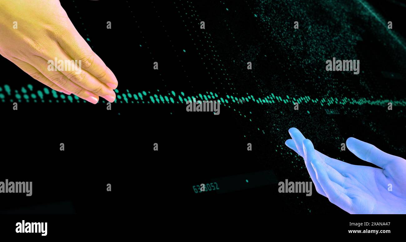 Image of human and alien hand over data processing Stock Photo