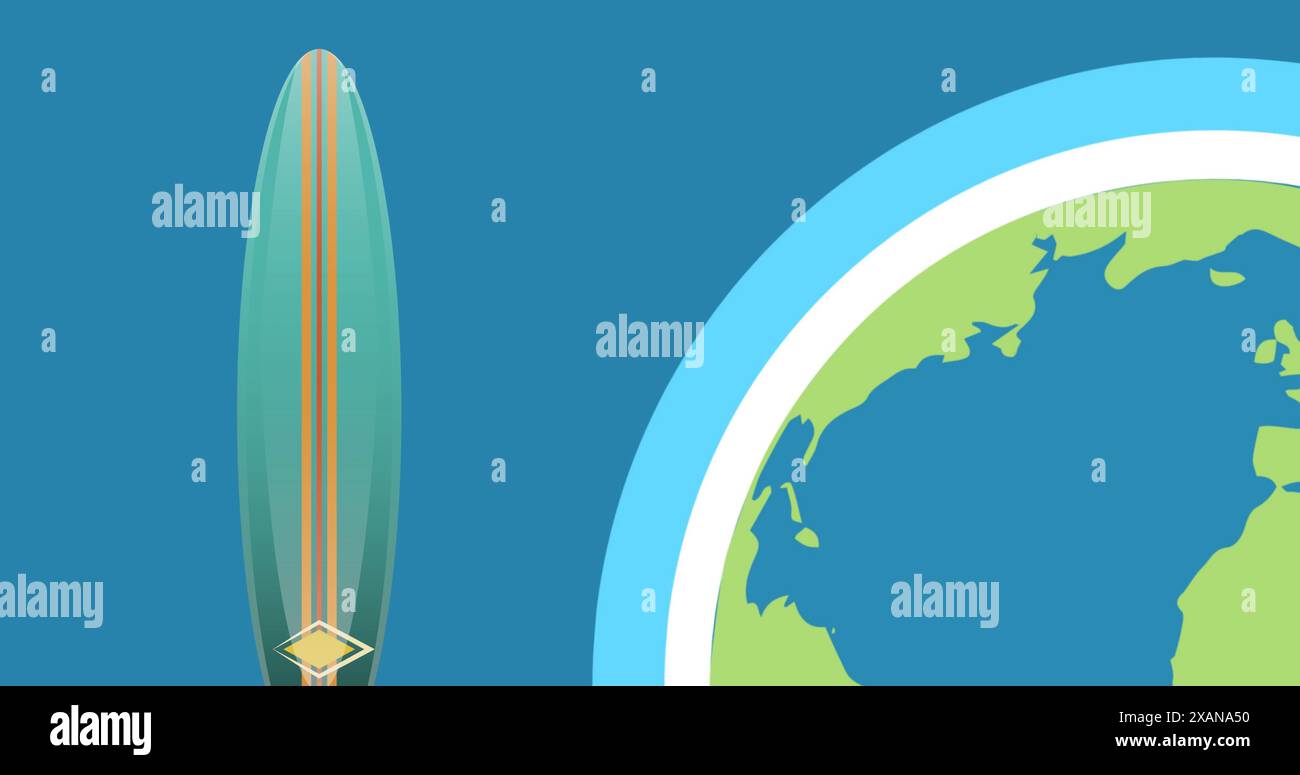 Image of globe and surfboard over blue background Stock Photo